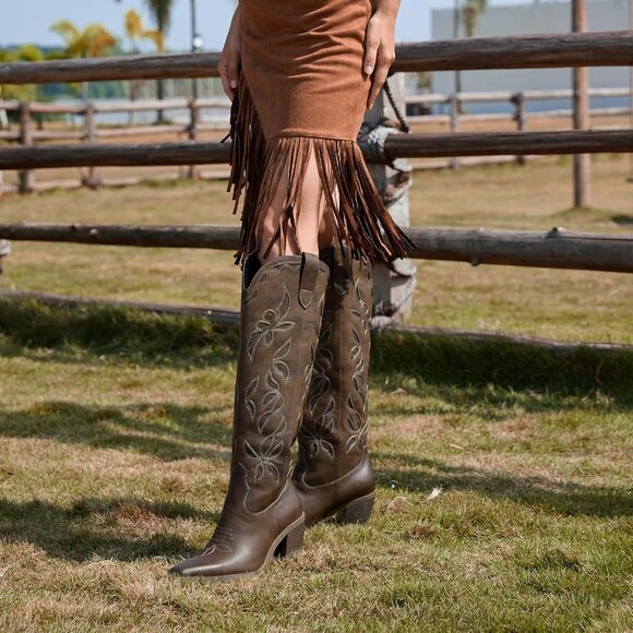 ⚡Women's Dark Brown Faux Leather Western Boots Pull On Tab Chunky Heel Design - Picture 5 of 6